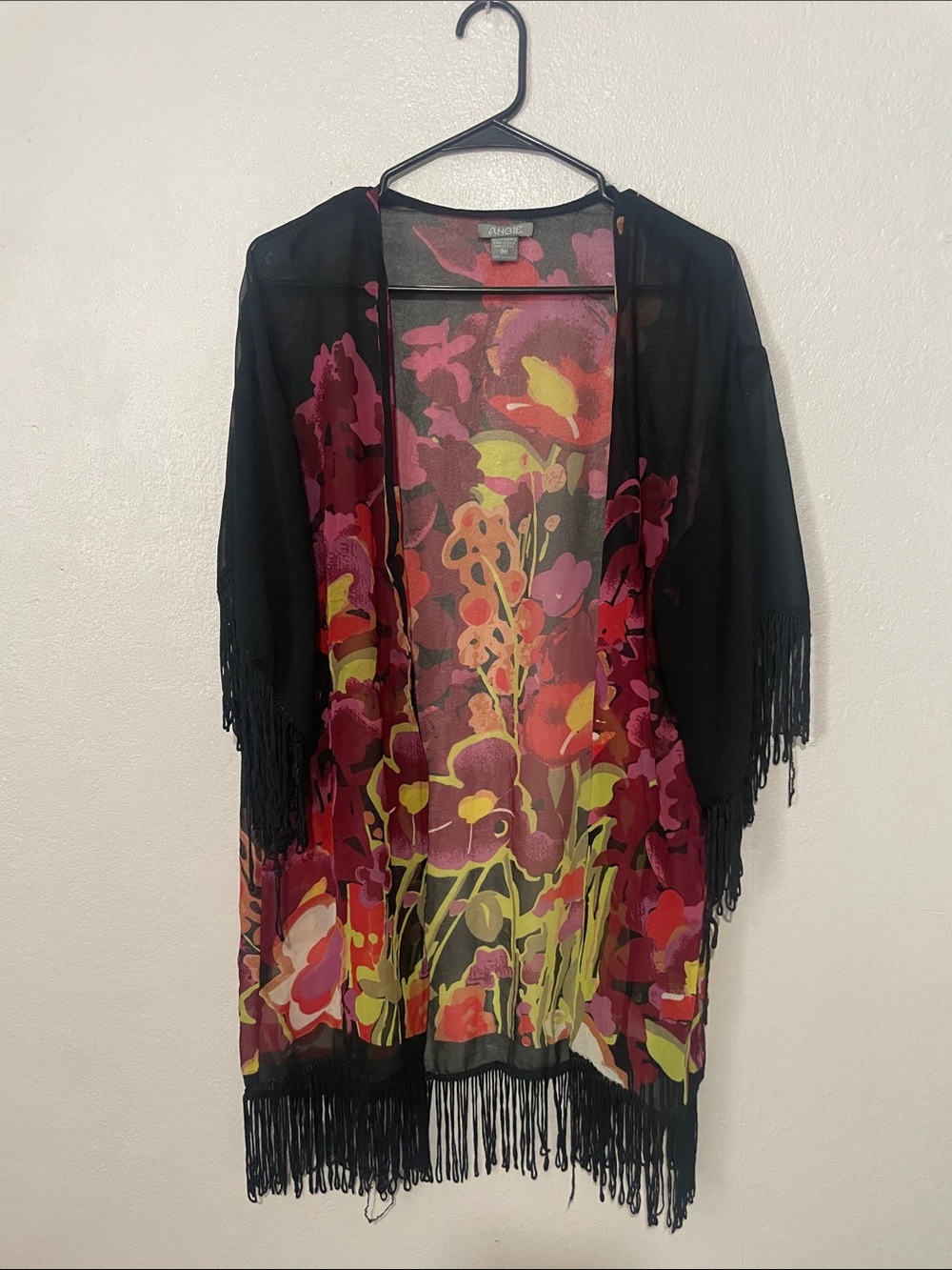 Angie Black Sheer Kimono with Multicolor Floral Print & Fringe